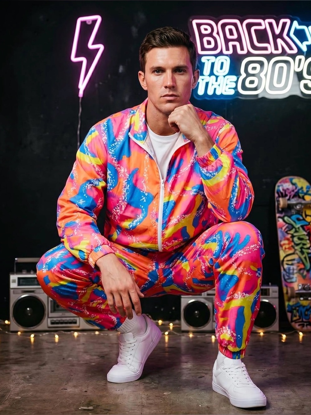 80s Outfit for Men, Retro Neon Tracksuit Jacket and Pants Set